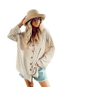 Show Me Your‎ Mumu Tunic Womens Size Large Beige Loralie Button Down Striped New